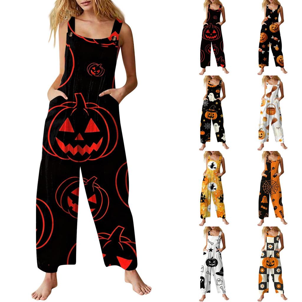 Women's Sleeveless Jumpsuit Halloween Print Cotton Casual Loose Fit Overalls Wide Leg Romper Pocketed