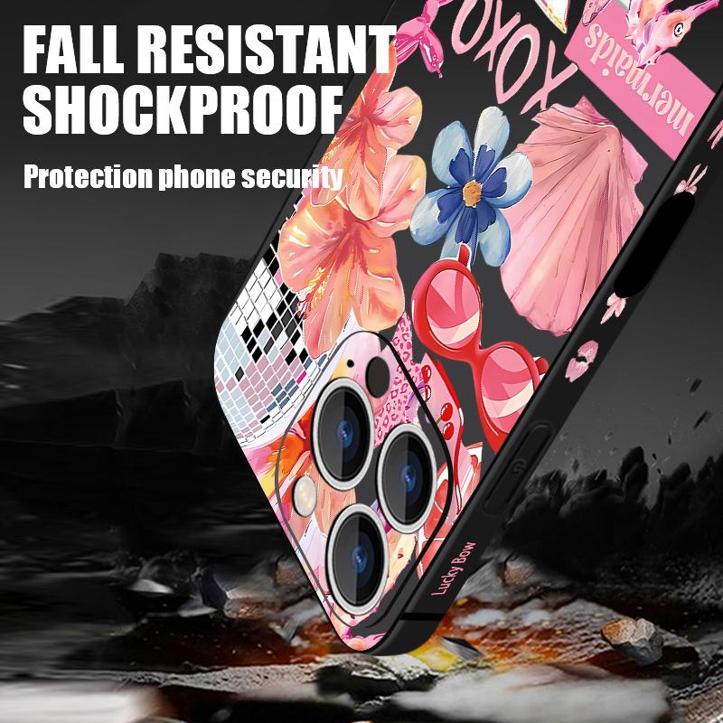 For iPhone 17 Pro Max Case Pink Cartoon Floral Pattern Soft Silicone Lanyard Cover For iPhone 16 Pro Max Cover iPhone 15 14 13 12 11 16E Air