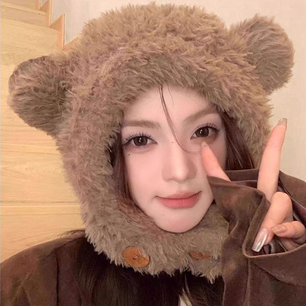 Ear Protection Hat Bear Ears Hat Winter Cap Winter Plush Hat Personality Bib Hat  Winter/Autumn