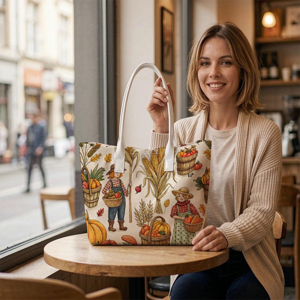 Fall Harvest Farmer Print Tote Bag Portable Casual Cute Daily Shopping Shoulder Bag for Ladies Outdoor Use