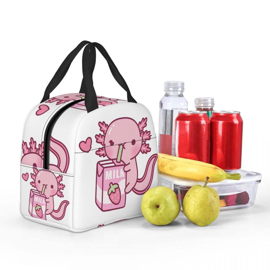 Cute Axolotl Loves Strawberry Milk Doodle Insulated Lunch Bag for Kids School Cooler Thermal Food Box Tote Lunch Boxes Container