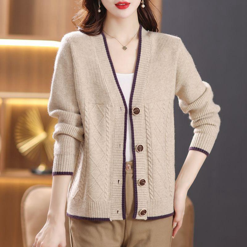 Strickjacke mit V-Ausschnitt für Damen, Frühlingsbekleidung für Frauen mittleren Alters, Frühlings- und Herbstmode, temperamentvolle Rautenrand-Noppen-Langarmjacke