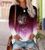 Dandelion Pattern Women's T-shirt Spring and Autumn Long Sleeve Gradient Round Neck Top