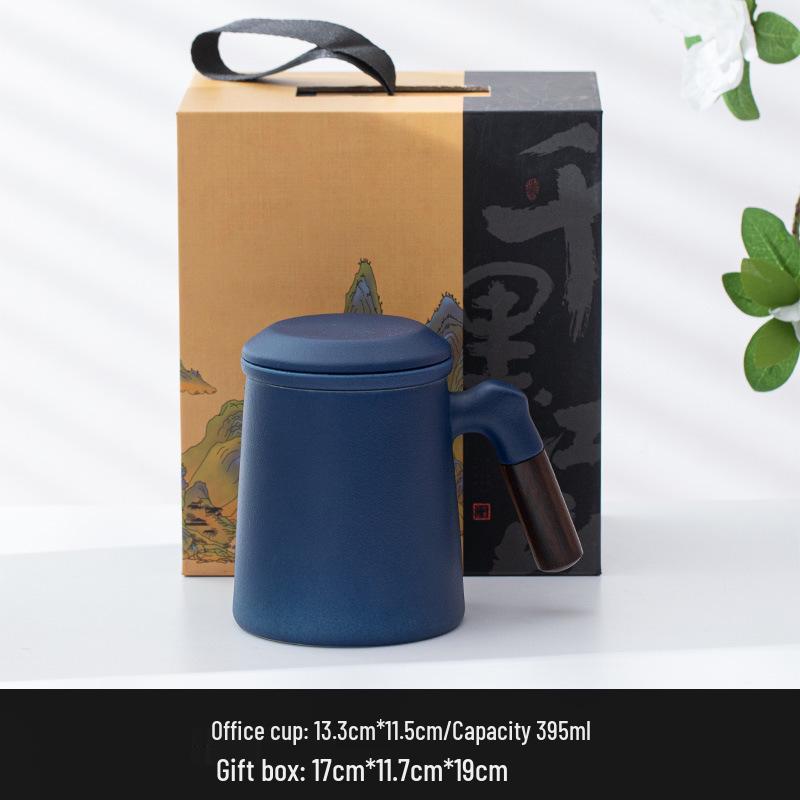 Ceramic Tea Brewing Mug with Wooden Handle, Lid, and Filter - Large Capacity Office Souvenir Cup