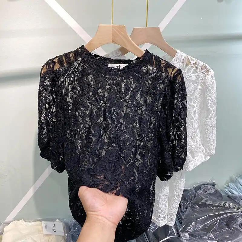 Top Sottogiacca T-shirt da Donna Estiva con Intagli in Pizzo a Maniche Corte