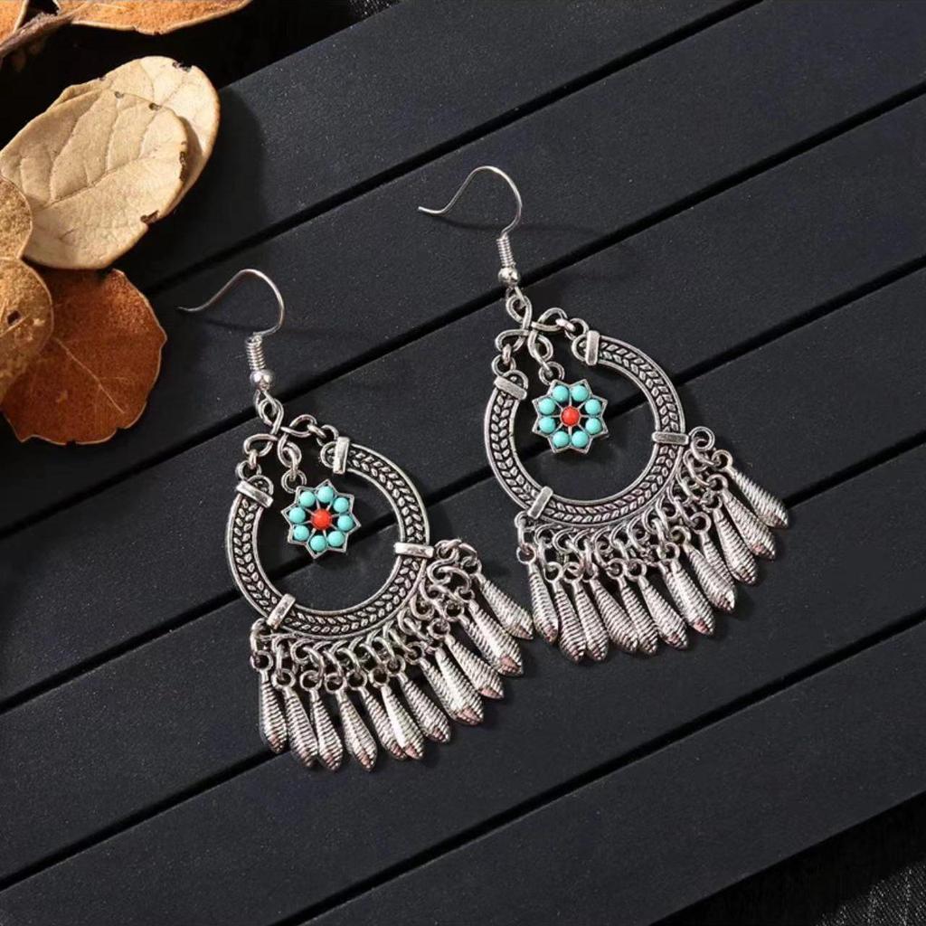 Bohemian Turquoise Owl Dream Catcher Tassel Earrings for Women