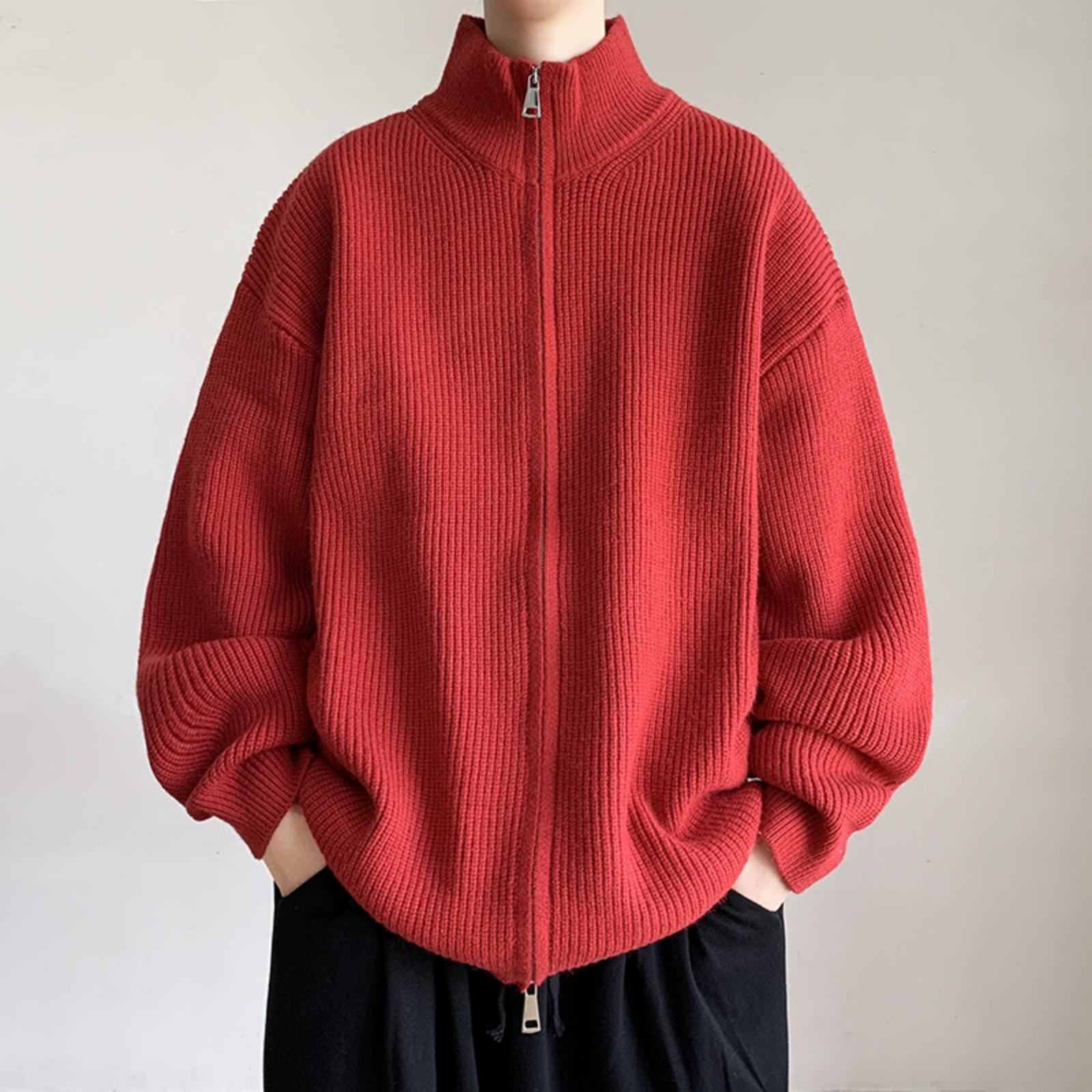 

Мужской однотонный свободный кардиган, свитер, вязаный свитер, мужская и женская куртка на молнии со стойкой XXL красный