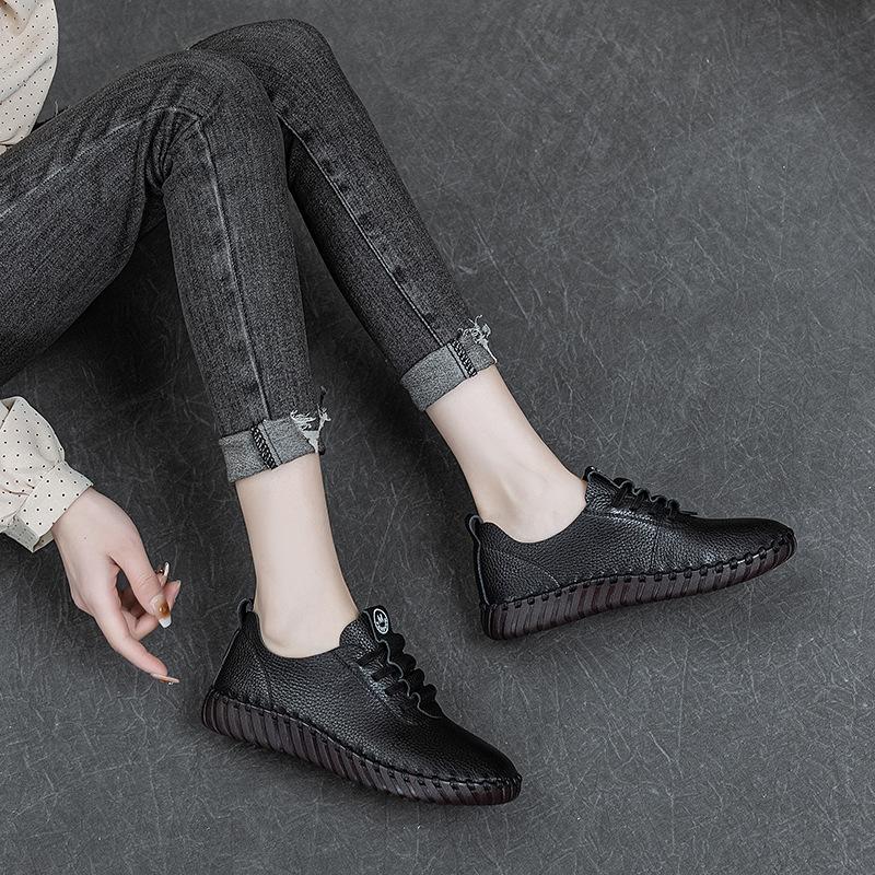 Top layer cowhide sewn bag shoes, soft soled soft top casual shoes for women, easy to wear on one foot, retro mom single shoes