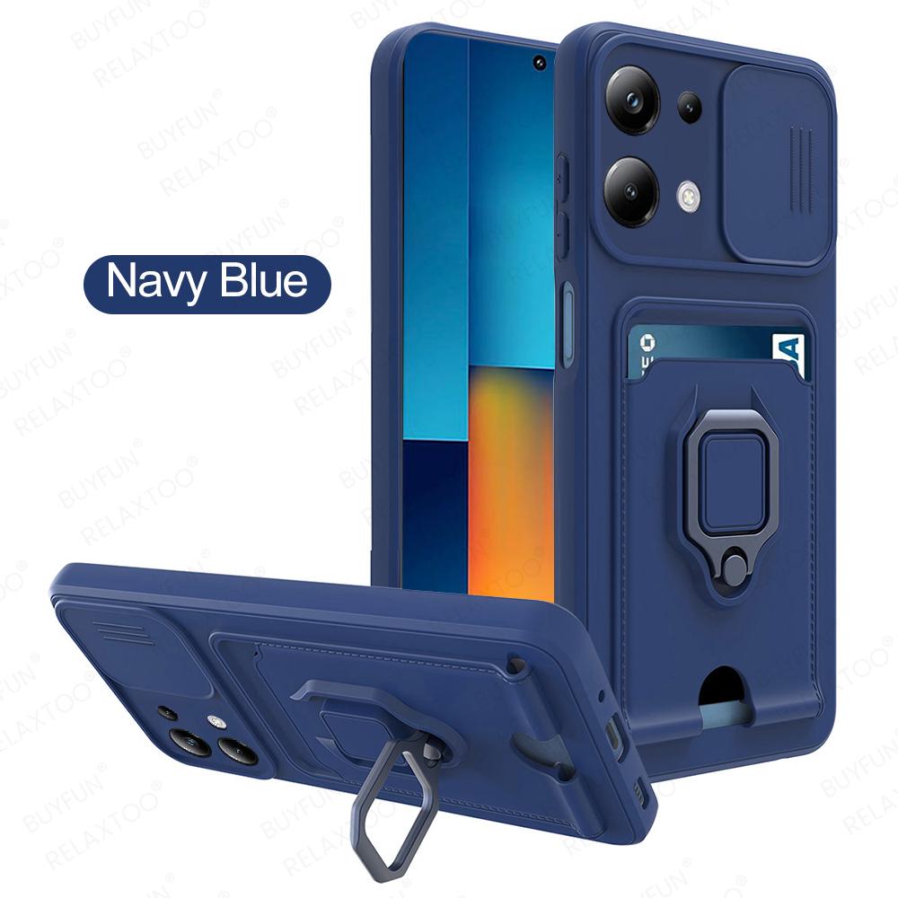 Slide Camera Lens Protection Case For Xiaomi Poco M6 Pro 4G Card Slot Stand Holder Magnetic Cover Coque PocoM6Pro Little M6Pro