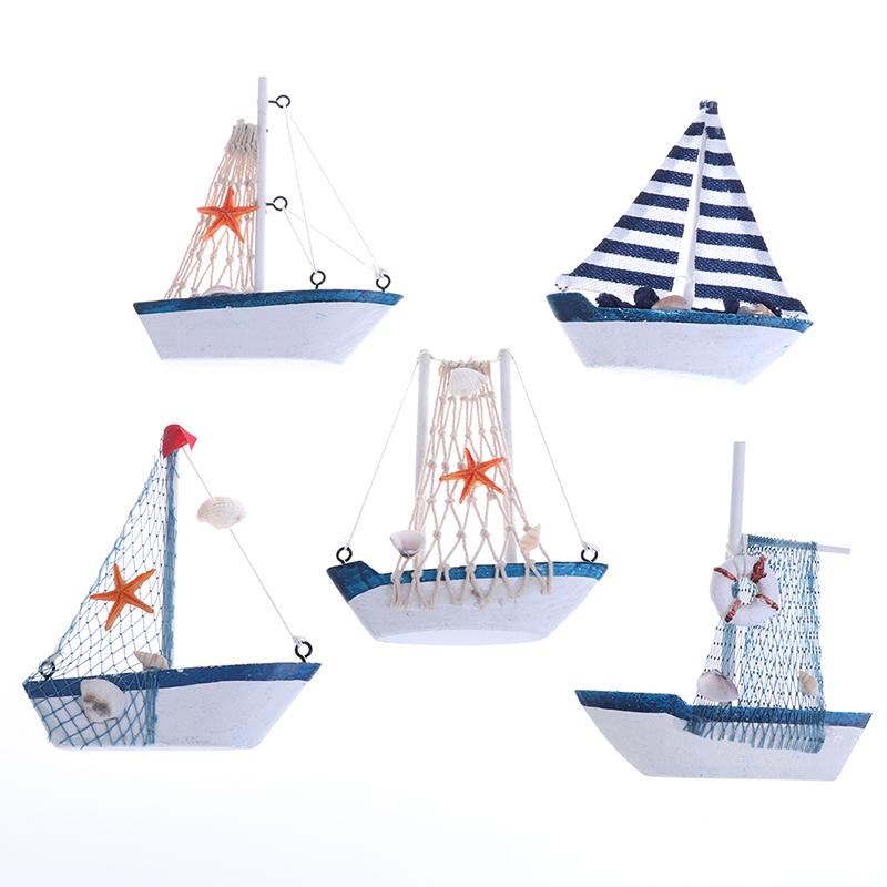 Mediterranean Style Marine Nautical Wooden Blue Boat Ship Wood Crafts Ornaments