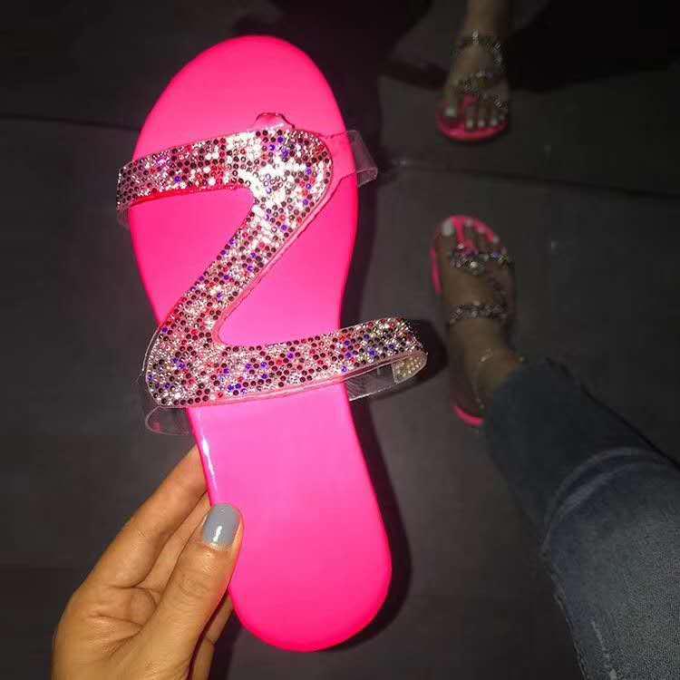 Oversized Flat Bottom Slippers Summer New Open Toe Rhinestone Beach Sandal Slippers for Womens