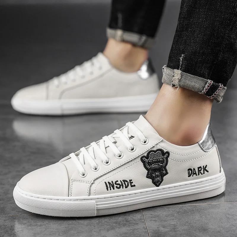 Fashion Men Genuine Leather Casual Shoes Street Cool Embroidery Flat Skate Shoes Young Man Street Cool Loafers