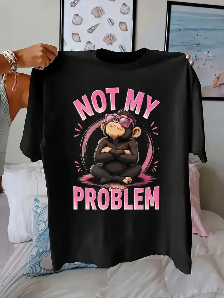 Funny Sarcastic Monkey Shrugging Graphic T-Shirt for Women, Not My Problem Attitude Tee, Cute Cartoo