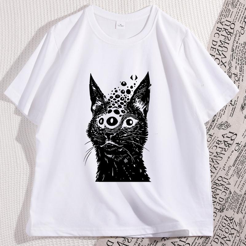 Weirdcore Cat T Shirt Harakuju Creepy Horror Goth Cat TShirt Gothic Dark Aesthetic Tshirt Men Women Graphic T Shirts Clothes