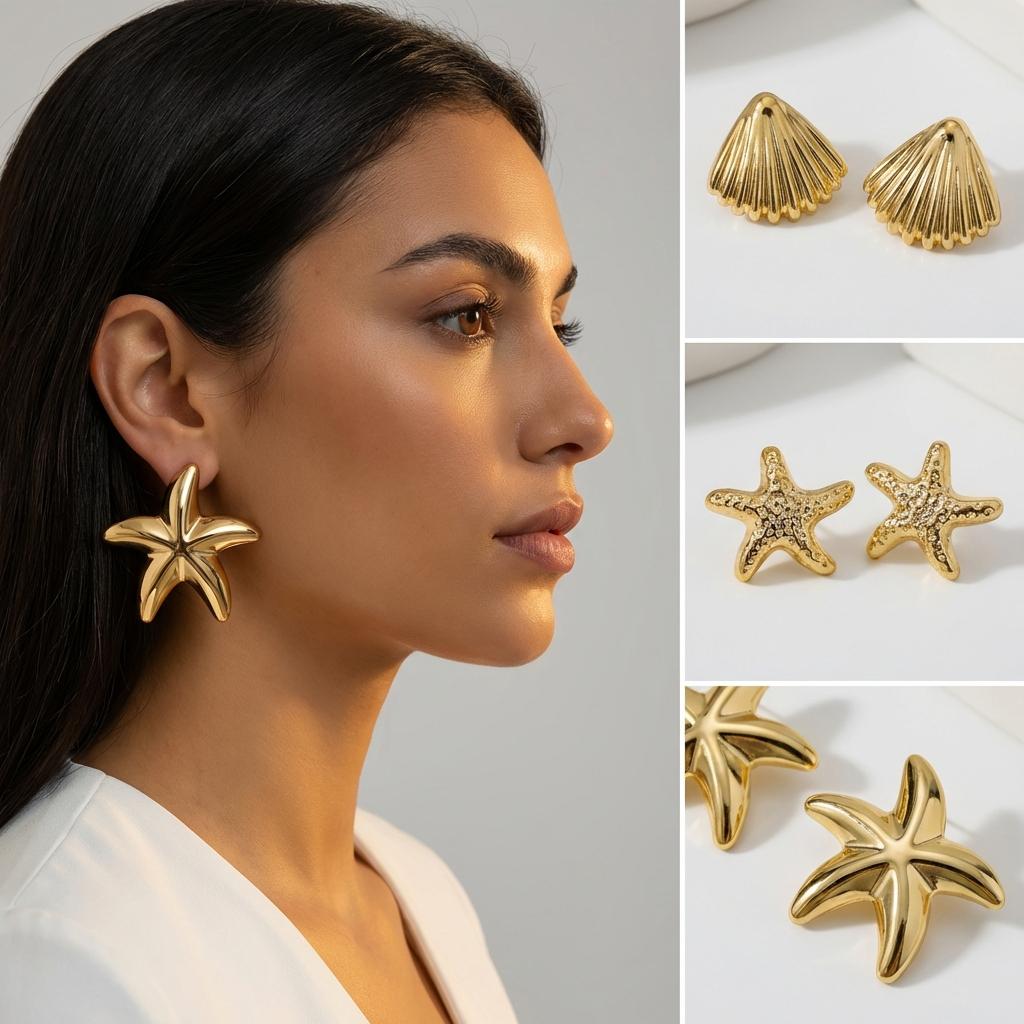 Vintage Gold Color Textured Starfish Shell Earrings Set Chunky CCB Scallop Conch Stud Earring for Women Summer Aesthetic Jewelry