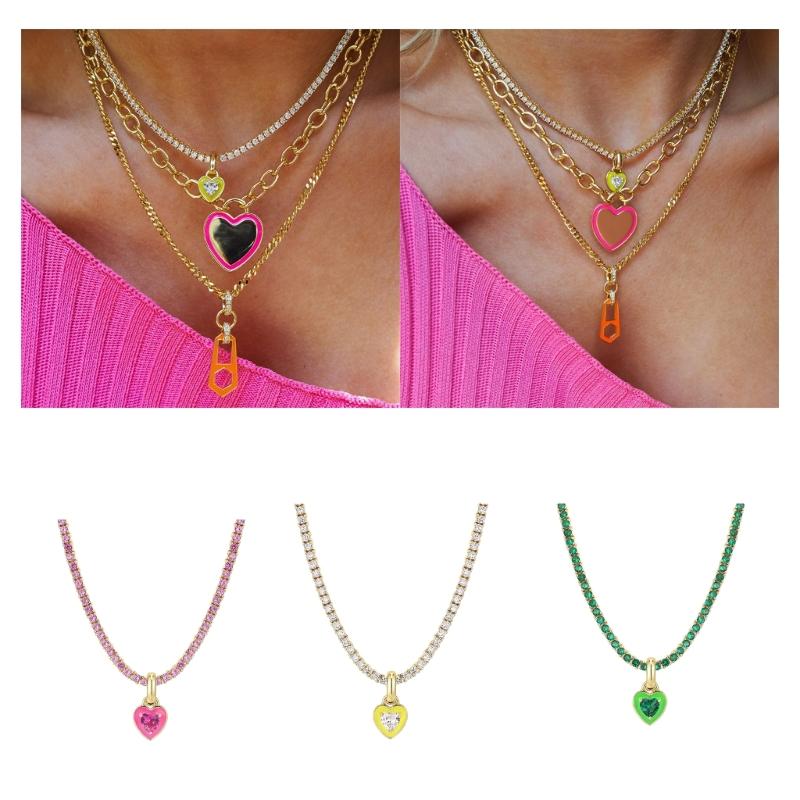 Colorful Zircon Heart Neckchain Tennis Chain Necklace for Women Fashionable Rhinestone Choker Versatile Jewelry Decor