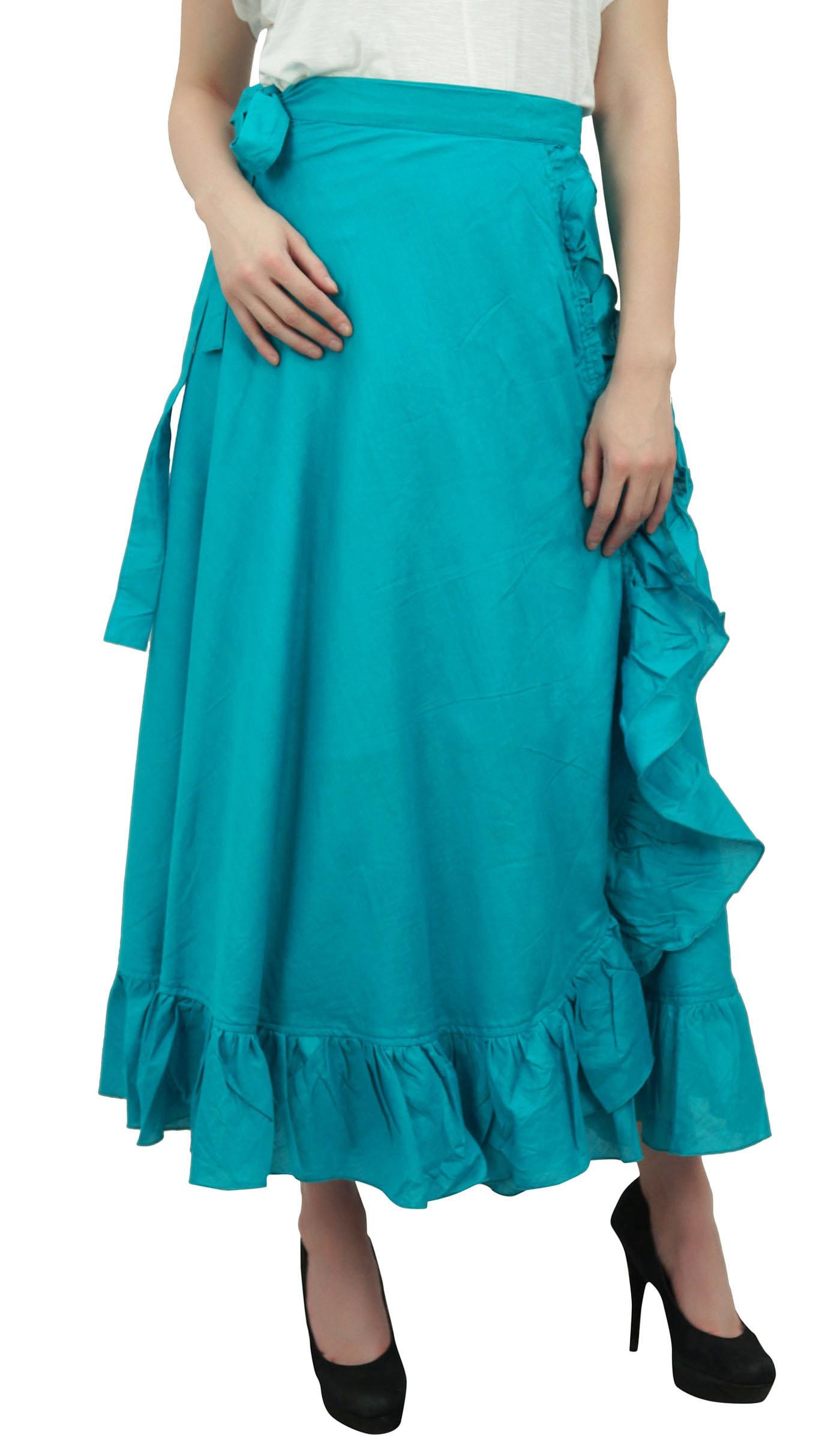 

Phagun Women s Cotton Ruffled Self Belt Solid Magic Wrap Hippie Skirt-Beige One Size чирок синього кольору