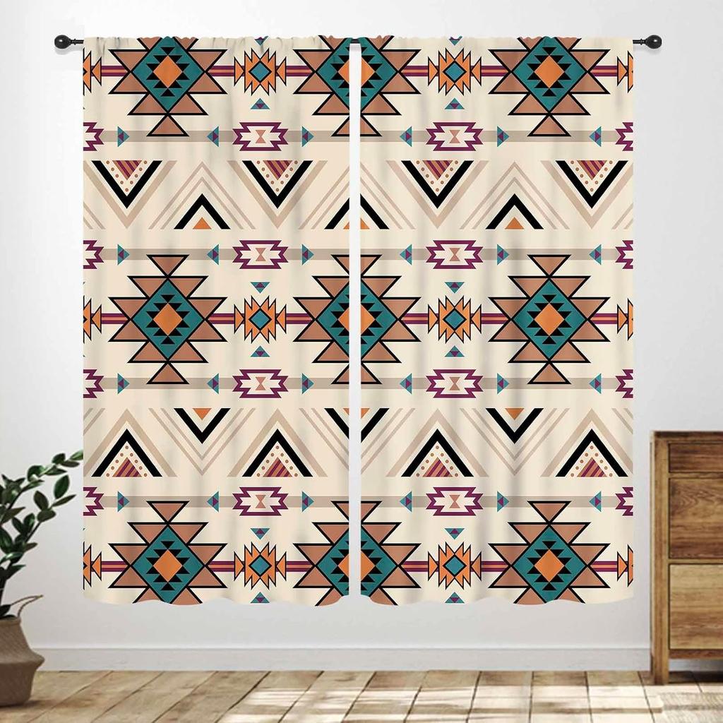 Western Cow Skull Curta,Beige Southwestern Bohemian Geometric Pattern Native Aztec Longhorn Head Cowboy Farmhouse Country