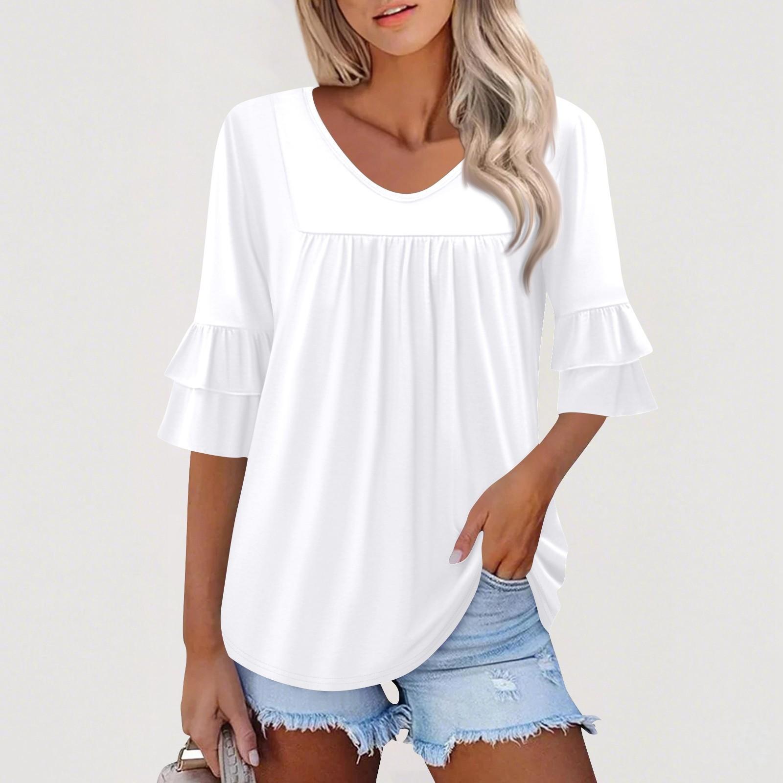 

Жіночий топ з рукавами 3/4, ошатний, повсякденний, блузка, дзвін, рукави з рюшами, вільний крій, туніка, топ з V-подібним вирізом, футболки XL білий