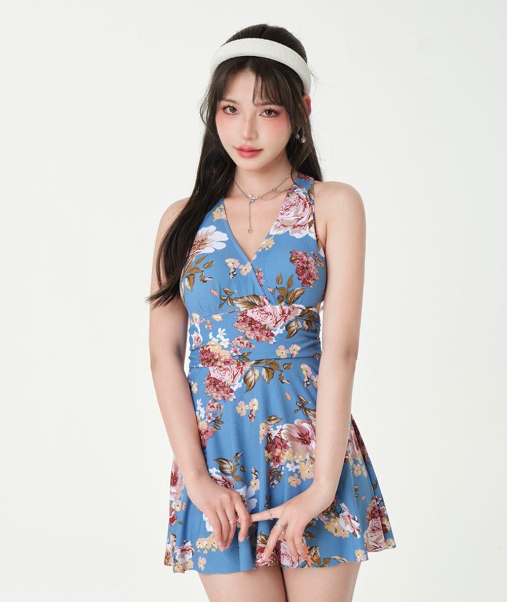 One-piece swimsuit gathers girls, belly-covering swimsuit women, thin close-fitting flat-angle conservative breathable one-piece skirt year M синий