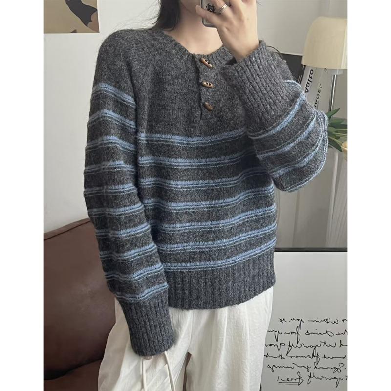 Corner Button Pullover Sweater Autumn and Winter New Color Matching Striped Soft Waxy Casual Loose Knitted Sweater Women