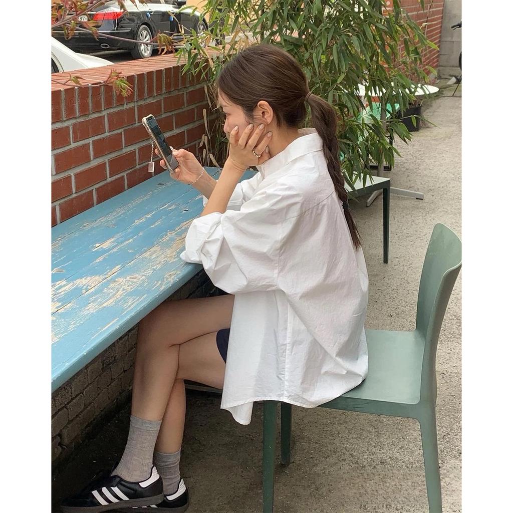 Women's Cotton White Long Sleeve Shirt, 2025 Spring Autumn Korean Loose Oversized Casual Sun Protection Button Down Blouse Outerwear