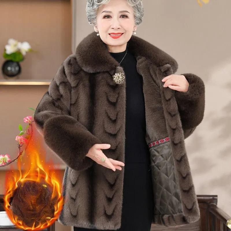 Palton de iarnă din nurcă, Palton călduros, Haine groase pentru mamă din imitație de piele și catifea
