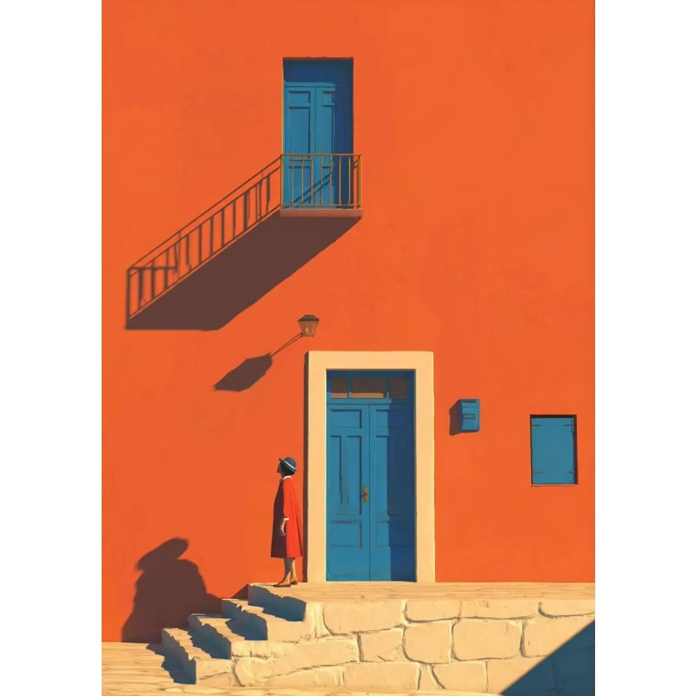 Mediterrane Landschaft Kräftiges Orange Blau Gebäude Küstenblau Sommer Poster Leinwandbild Druck Wandbilder Zuhause