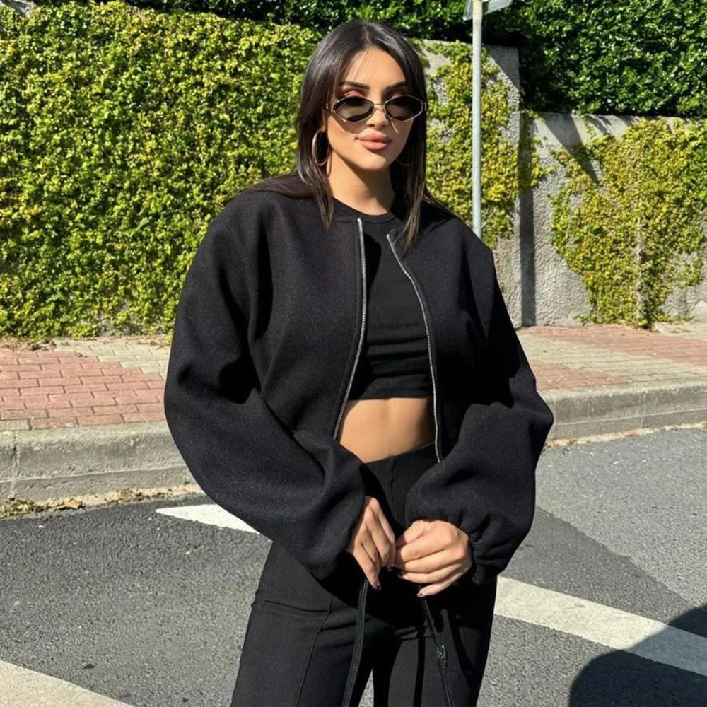 Černé bomber bundy pro ženy Zipové varsity bundy Měkké krátké bundy Dlouhý rukáv Zimní kabát
