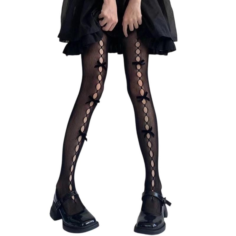 Women's Fishnet Stockings with Bowtie Girls Fish Net Tights with Designs High Waist Pantyhose Thigh High Stockings