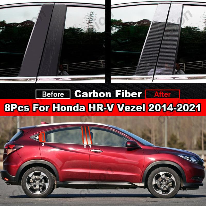 8Pcs Car Window Door Column BC Pillar Post Cover Trim for Honda HRV Vezel 2014- Carbon Fiber Black Mirror Effect PC Sticker