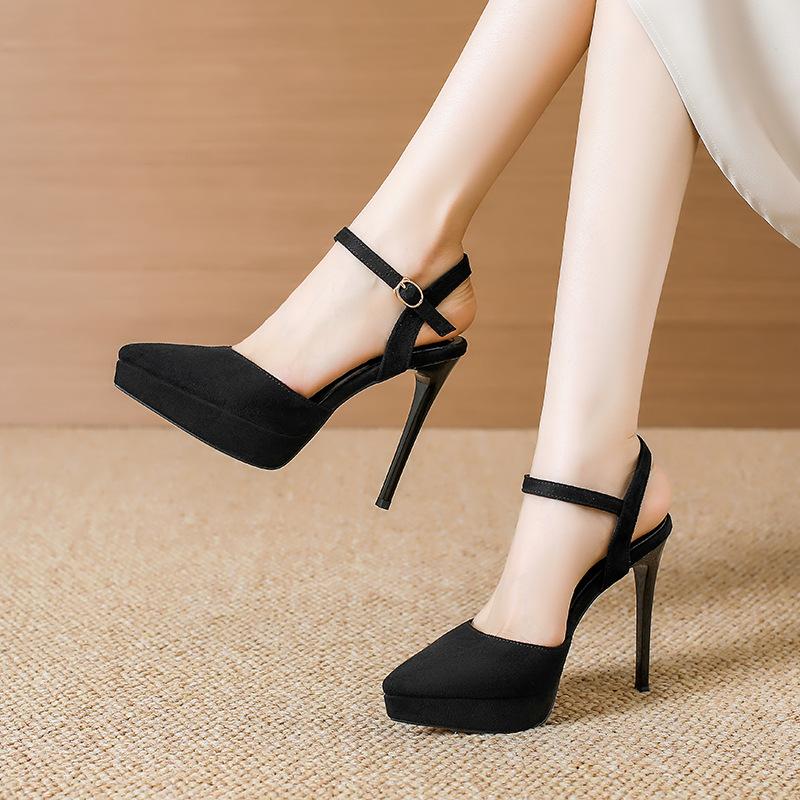 Fashion Suede Leather 12cm High Heels Thin Heel Pointed Toe Mid Hollow Slingbacks Shoes Womens Waterproof Platform Party Prom Shoes