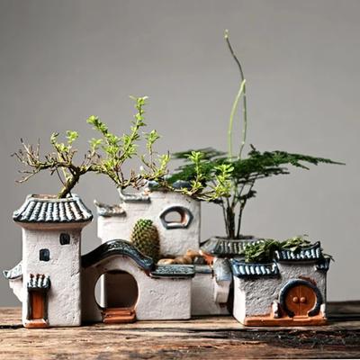 Keramik-Haus-Blumentopf im chinesischen Stil – Kreativer Desktop-Pflanzenbehälter