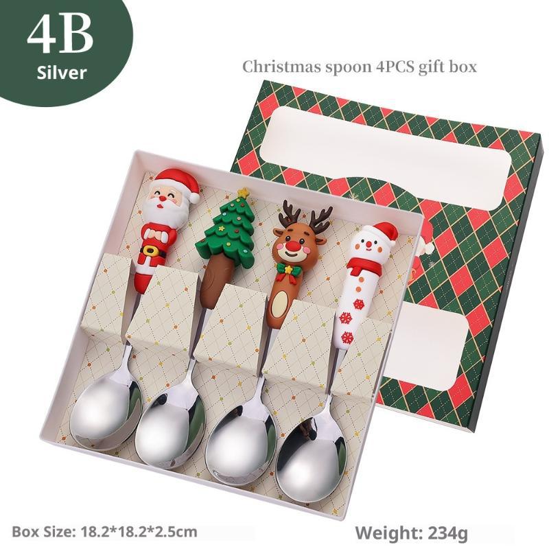 4Pcs Christmas Gift Glod Silver Spoon Fork Set Elk Christmas Tree Decoration Dessert Scoop Fruit Fork Coffee Spoon Cutlery Set