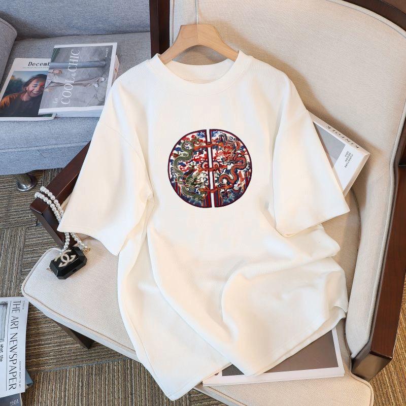 Chinese Ethnic Style Short Sleeved Top 2024 Summer New Womens Tshirt White Fashionable Loose Bottom Top Pattern Tshirt