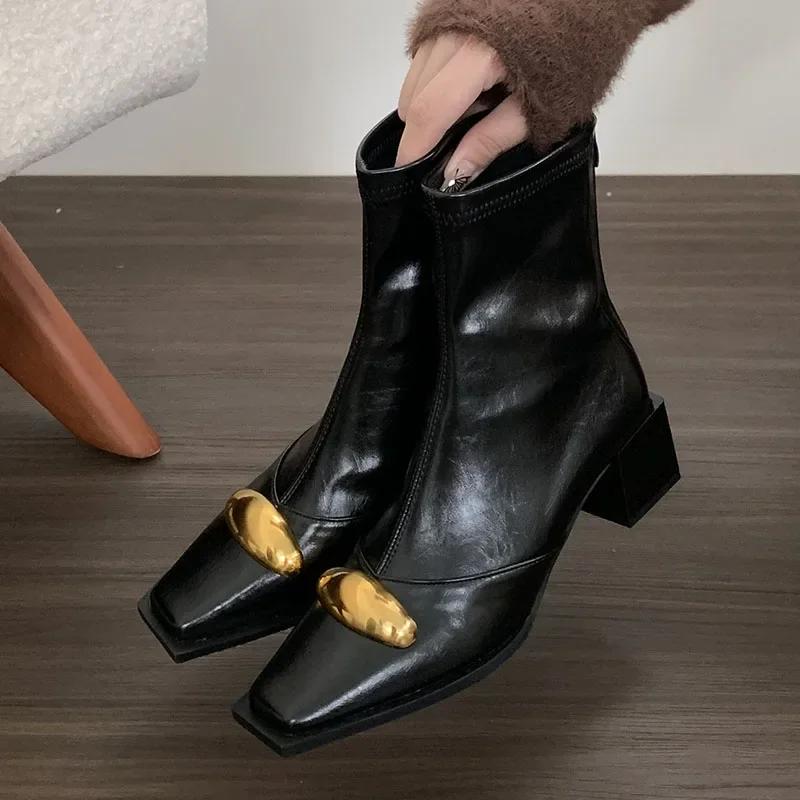 Fashion New Shoes Designer Metal Women Ankle Elastic Boots Fashion Zippers Footwear Square Heels Ladies Modern Short Booties Shoes