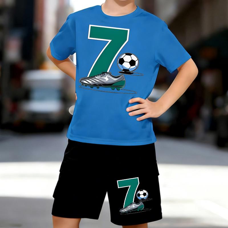 Boys 2 Piece Football-themed printed Outfit, Short Sleeve T-Shirt and Shorts Set for Kids Age 5-14, Black and White Sporty Casual Summer Clothes
