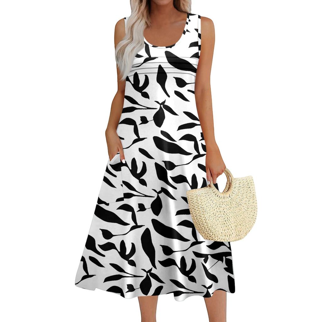 Women's Fashion Round Neck Sleeveless Pleated Beach Dress With Pockets Long Floral Dresses