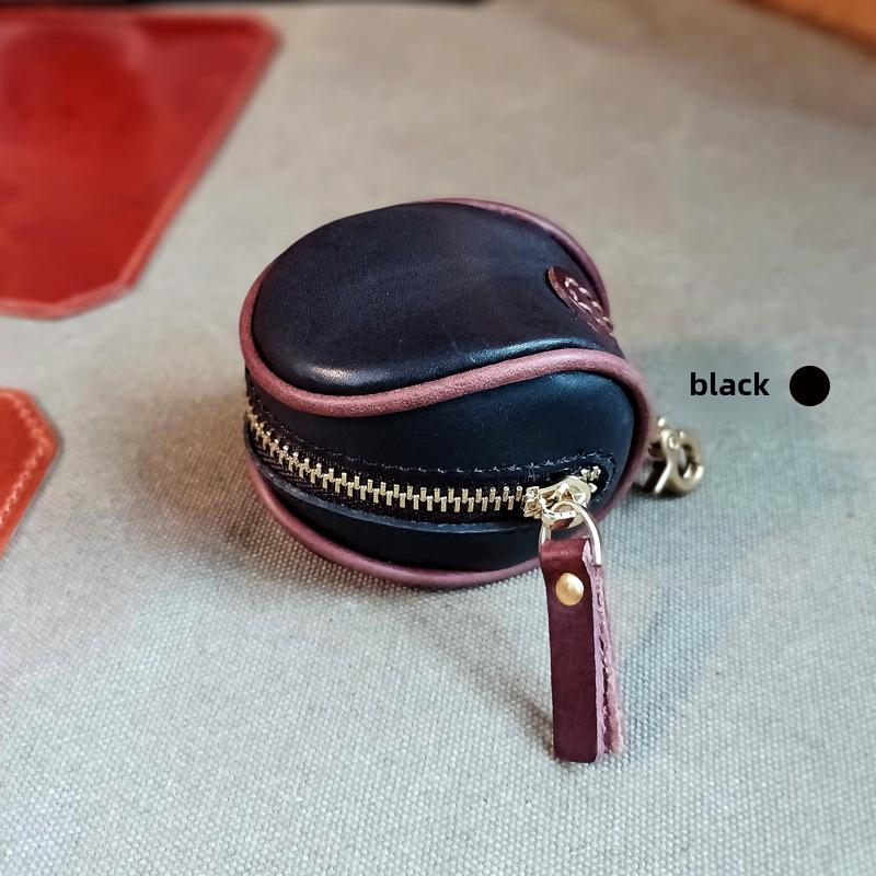Retro Vegetable Tanned Leather Coin Purse: Genuine Oil Wax Cowhide Headphone Storage Bag