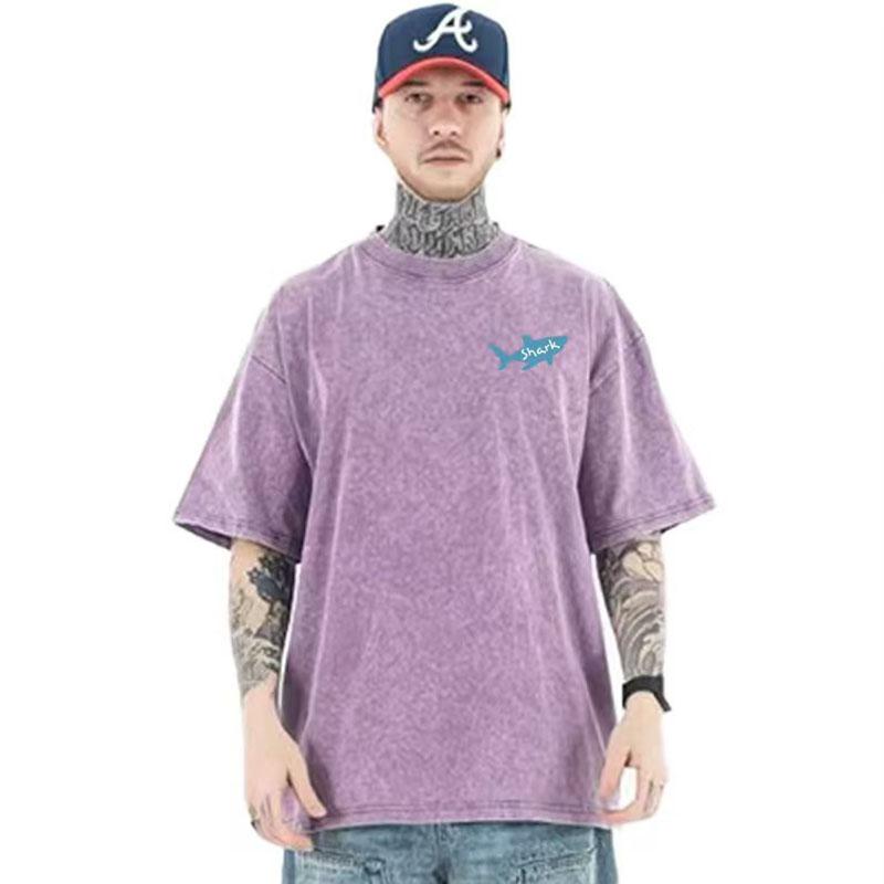 Unisexs Summer Shortsleeved Washed Vintage G Cotton Shirt with Fish Pattern Pure Cotton Casual and Loose Tshirt