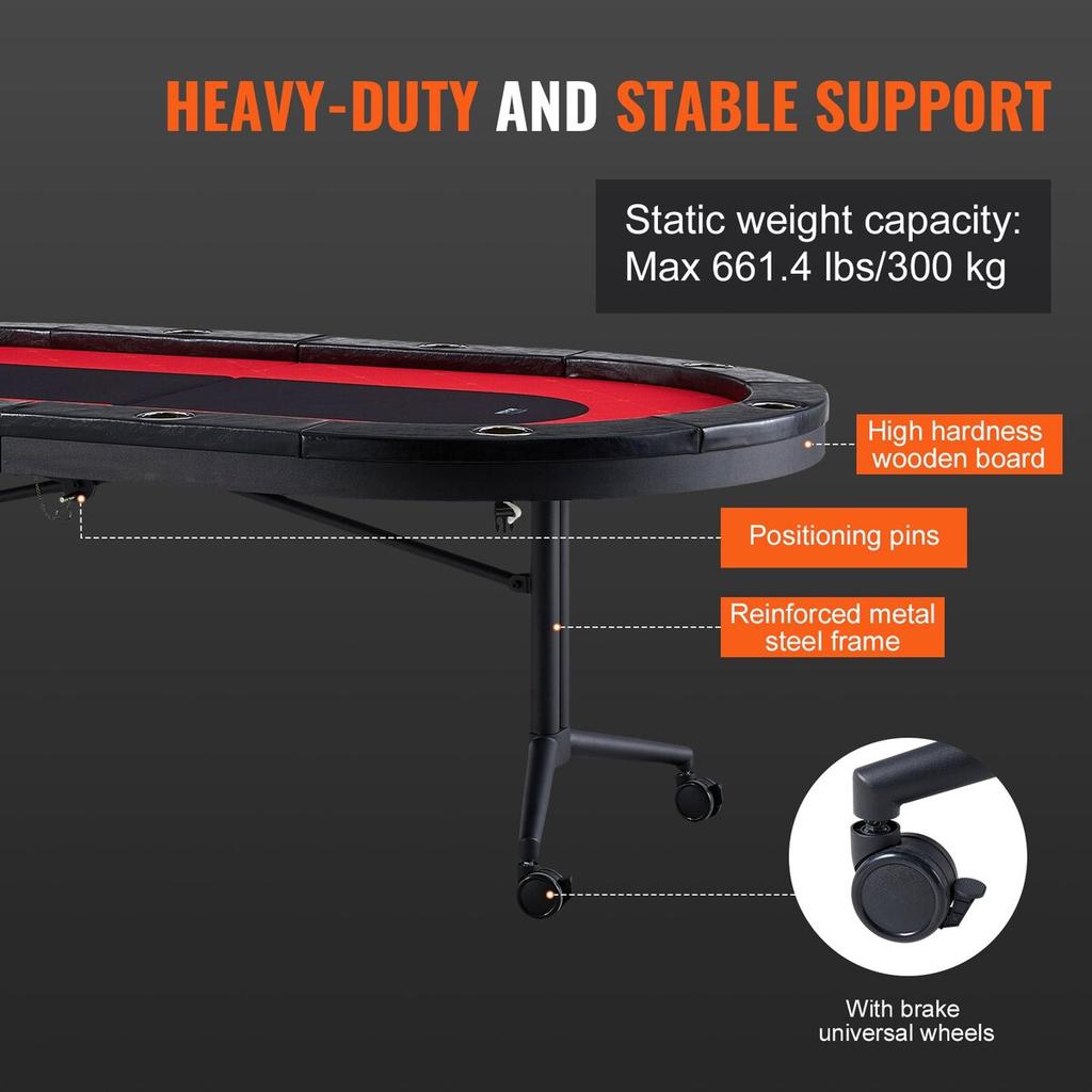 10 Player Foldable Poker Table, Blackjack Texas Holdem Poker Table with Padded Rails and Stainless Steel Cup Holders, Portable Folding Card Board Game