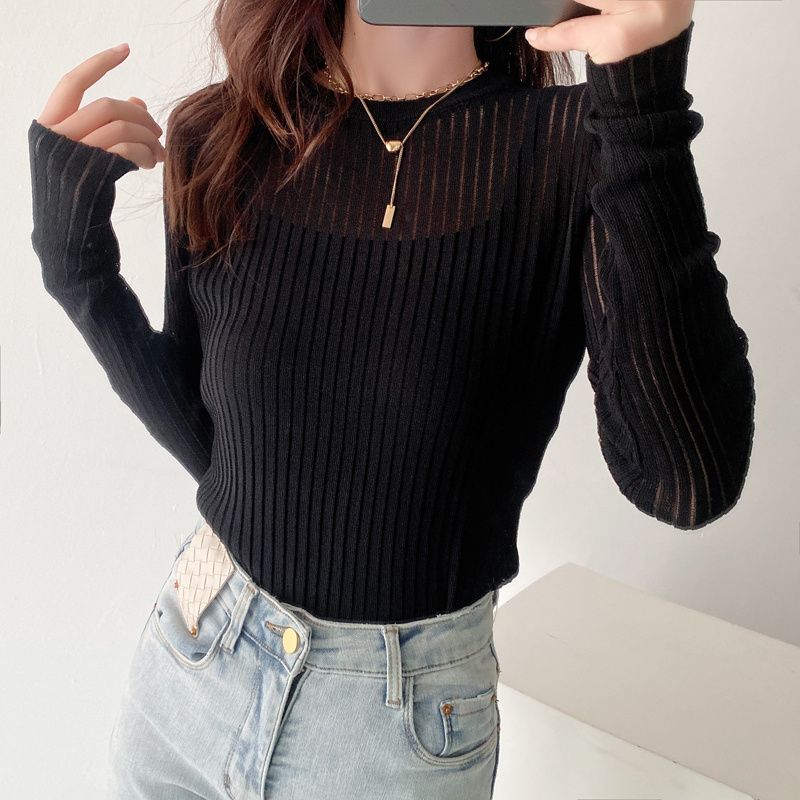 Fashion Wind New Spring New Fashion Women's Clothing Long Sleeves Slim Fit Pullover Regular Knitting Rib Upper Garment 2 Color