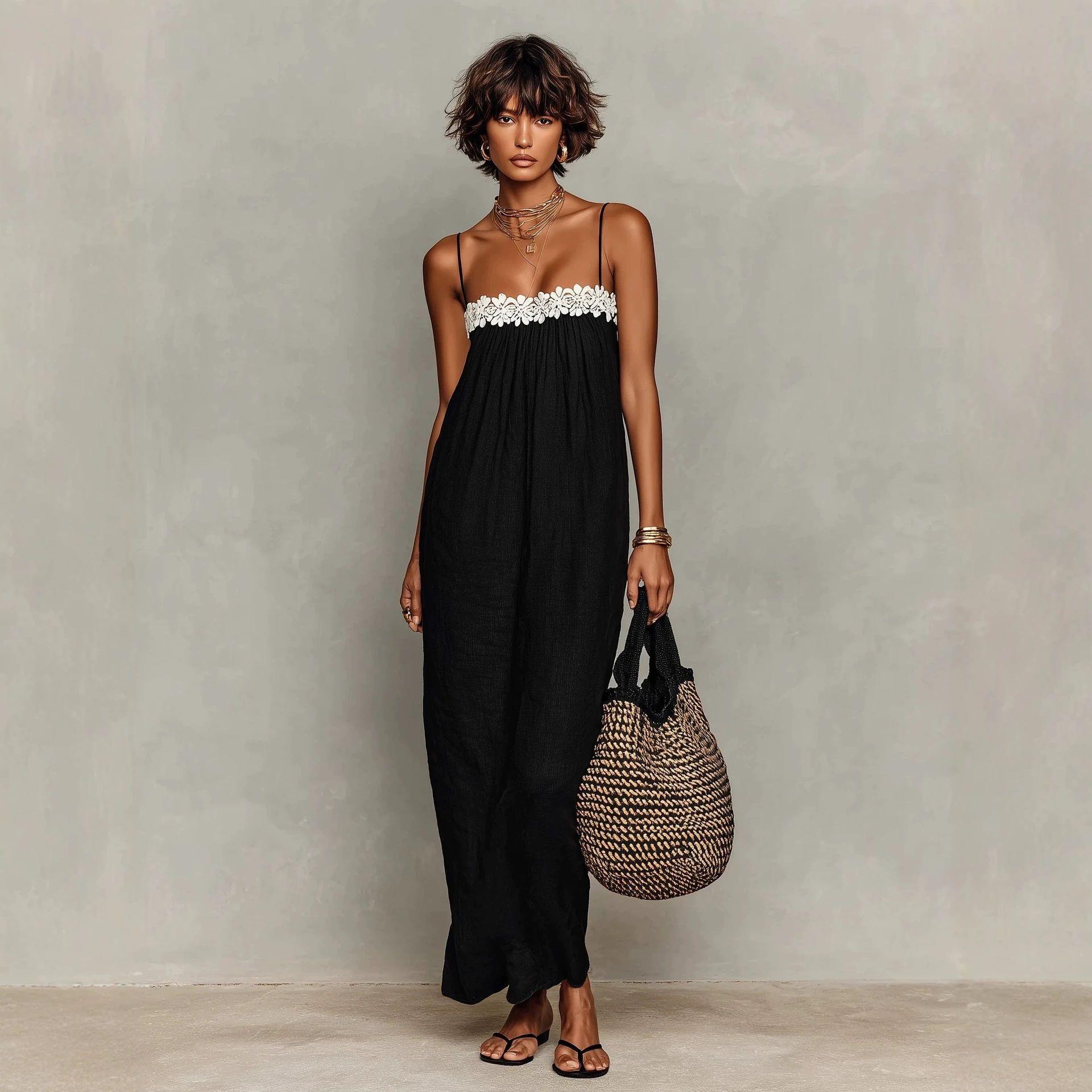 Women s Sleeveless Lace Trim Solid Color Long Dress Multi Colors S чёрный