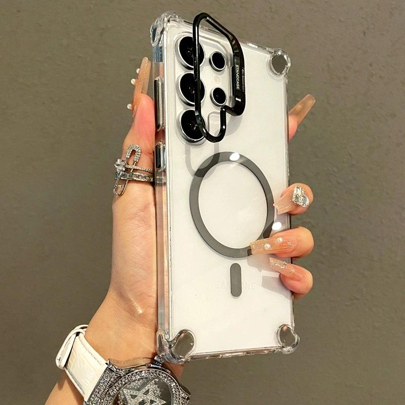 Luxus Transparentes Case Für Samsung Galaxy S25 S24 S23 S22 Ultra Plus A17 A56 A36 A16 A26 S24FE Magsafe Magnetischer Ständer Cover