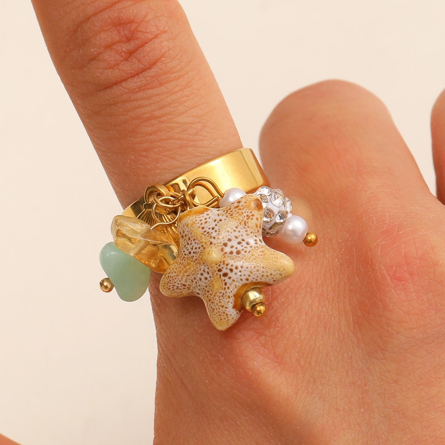 

Star Natural Conch Crystal Beaded Ring Minimalist Elegant Stackable Stainless Steel Finger Band Women Jewelry 2