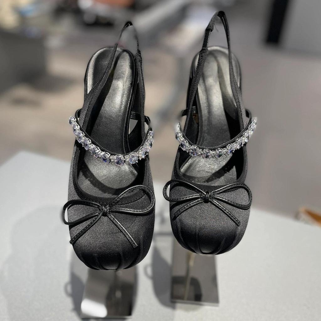 Sheepskin version French silver bow thick heel bag head shoes women's summer outer wear medium heel rhinestone Mary Jane high heel sandals