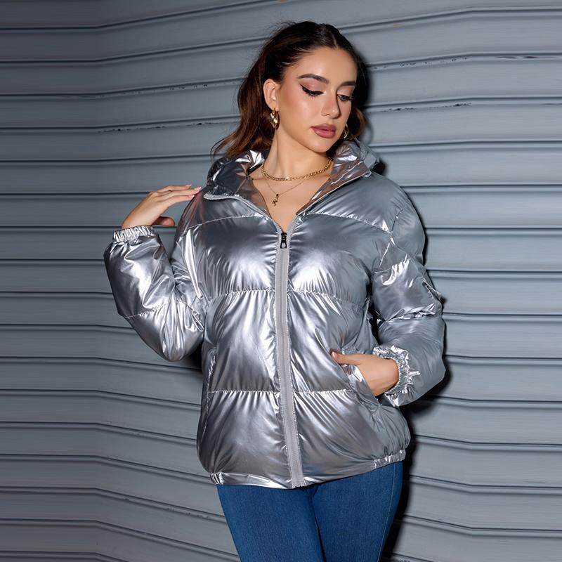 Winter Trendy Shiny Hooded Down Coat Women Long Sleeve Solid Color Slim Fit Cotton Warm Parkas Jacket