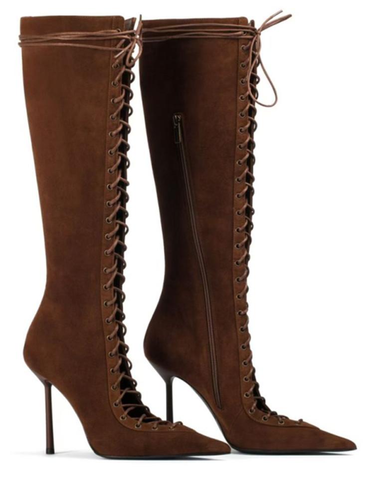 2025 Vår/Sommer Ny Snøring Korte Kule Støvletter Sideglidelås Bankett Slim Fit Høy Hæl Sexy Knelange Damestøvletter