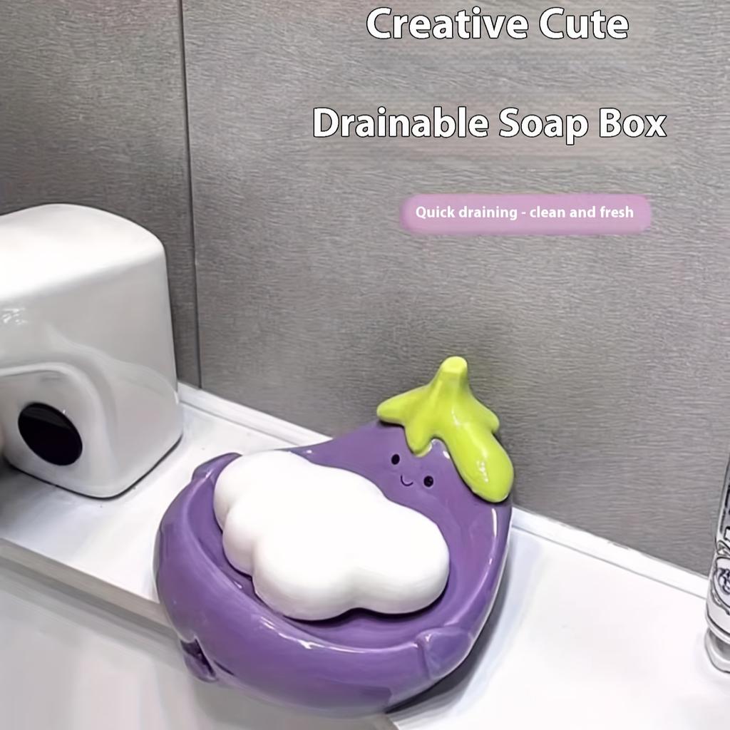 Cute Smiling Face Ceramic Soap DishOval Durable Bathroom Countertop Organizer with Drainage Holes,Purple/White Design for Soap,Toothbrushes,Toiletries