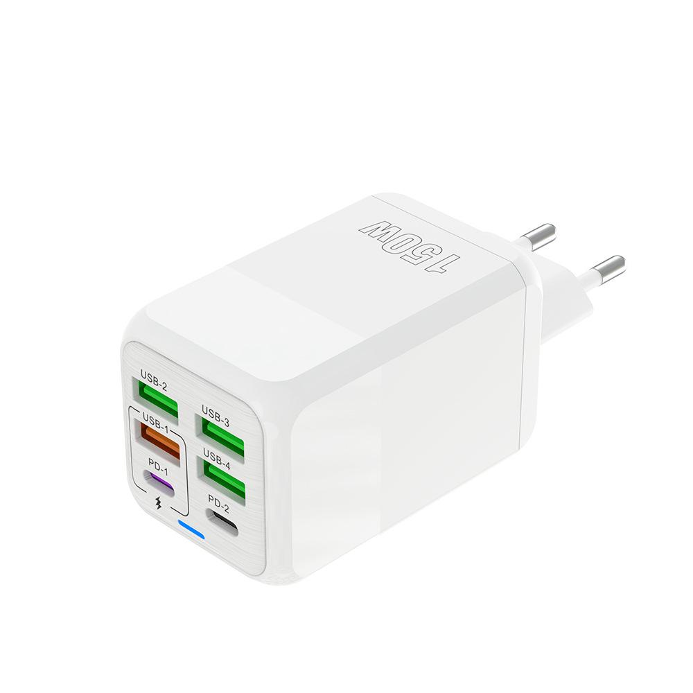 150W Multi-Port Charger: 4 USB + 2 PD, 5V/2.4A, EU/UK/US Compatible for Mobile Devices